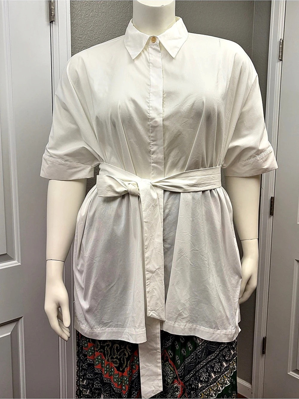 Marina Rinaldi White Button-Down Tunic Shirt with Tie Belt Size 18
